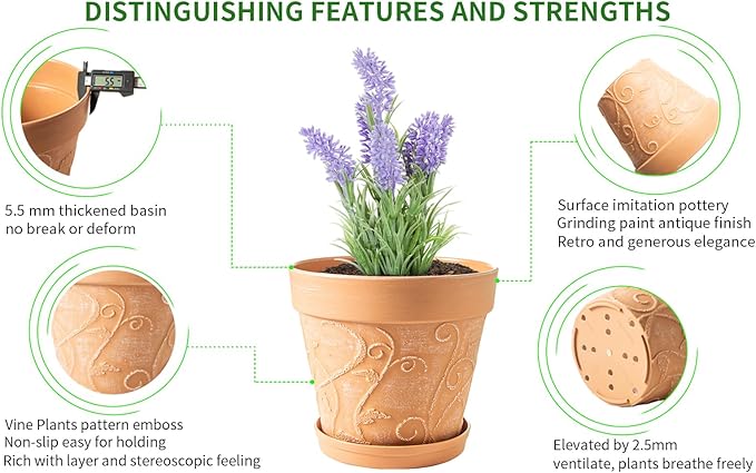 Melphoe Plant Pots Indoor with Drainage & Saucer, 2Pack 10 inch Flower Pots Outdoor Planters for Indoor Plants Garden Home Decor Cactus Succulent, Rigid Plastic (Imitation-Terracotta) Vine-Embossed