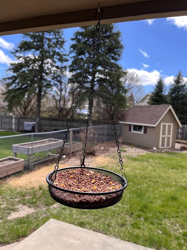 8" Diameter Hanging Bird Feeder Tray Round Metal Mesh Seed Container Outside Garden Decoration Backyard Wild Bird Feeding