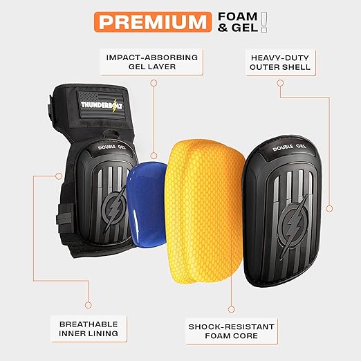 Thunderbolt Knee Pads for Men Construction Knee Pads for Work for Men and Women with Double Gel for Gardening Flooring Roofing Heavy Duty with Extra Thick Foam and Strong Adjustable Non-Slip Straps