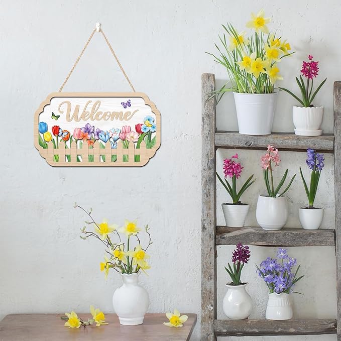 HOURIA 3D Welcome Front Door Sign (11.4”x7”),Floral Butterfly Garden Sign,Colorful Tulip Flower Wreath Sign,Spring Summer Decorations for Home Office Indoor Outdoor