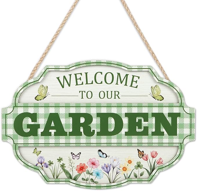 HOURIA 3D Welcome to Our Garden Wood Sign,(11.4”x8”) Gardening Greenhouse Decor, Gardening Sign, Flowers Butterfly Garden Decorations for Outside,Gardening Gifts,Gifts for Plant Lovers
