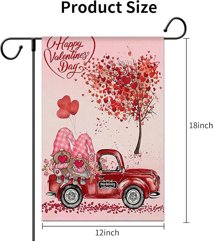 Valentine's Day Garden Flag 12x18 Inch - Cute Gnome Couple with Red Truck & Heart Tree, Double-Sided Outdoor Yard Flag Decor for Patio Yard Valentine Decorations