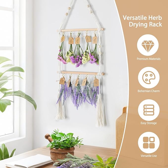 2-Tier Hanging Herb Drying Rack – Includes 30 Brown Gift Tags & 32ft Natural Jute Twine – Handwoven Boho Style Plant Hanger for Drying Herbs, Flowers, Sage – 37" Tall, Home Décor & Gift Idea