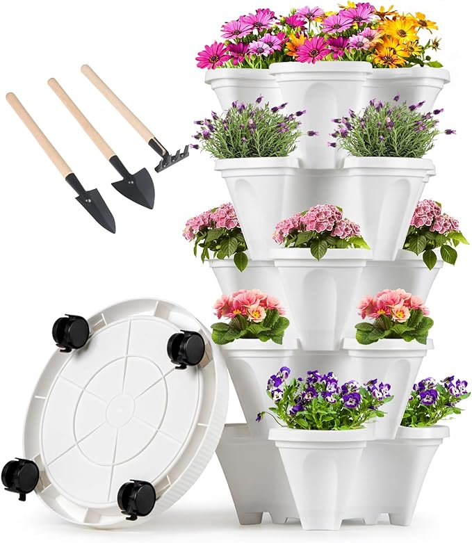 GameXcel Vertical Planter 5 Tier Stackable Planters Garden Planters Strawberry Herb Flower and Vegetable Planter Indoor Outdoor Gardening Pots with Removable Wheels and Tools White