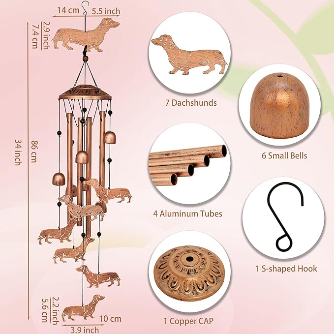 Dachshund Dog Wind Chimes for Outside,Metal Windchimes,Dachshund Dog Gifts for Women/Men,Wind Chime Garden Decor Outdoor,Memorial/Housewarming/Birthday/Festival Gifts,Front Yard Decor