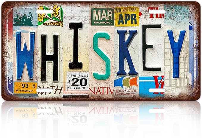 Vintage Whiskey Metal Tin Sign License Plate Wall Decor 12 x 6 Inches