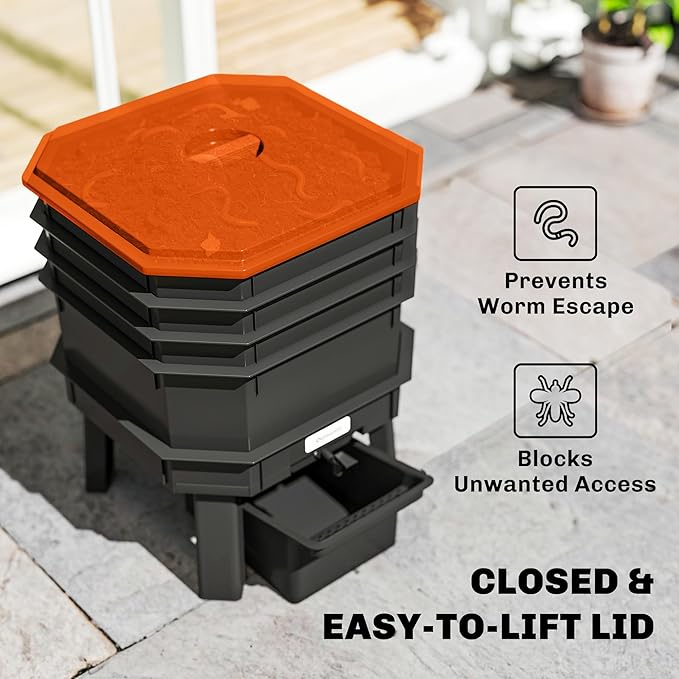Outsunny 4-Tray Worm Composter Bin, 7.4 Gal Outdoor & Indoor Worm Composter, Farm Starter Kits for Vermicomposting Starter, Garden Composting Bin for Recycling Food Waste, Orange