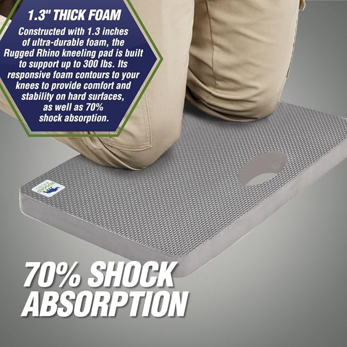 RUGGED RHINO Heavy Duty Patent Pending Kneeling Pad, Shock Absorbent Thick Knee Pads, Holds Up to 300 lbs, Protect Knees from Hard Concrete Surfaces, For Mechanics, Yard Gardening, Gym, Slate Gray