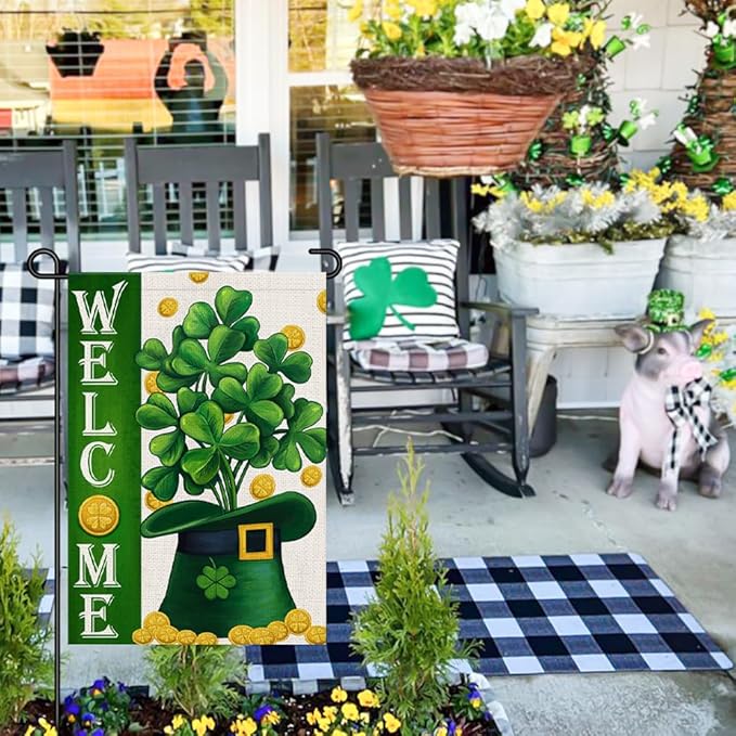 Welcome St Patricks Day Garden Flags Burlap 12x18 Double Sided, Green Hat Lucky Shamrocks Gold Coin Holiday Party Sign Small Flag Yard Outdoor Decor DF658