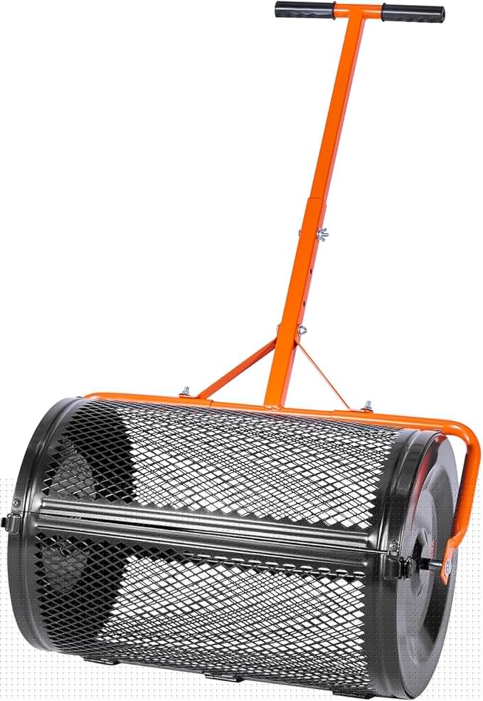 VEVOR Compost Spreader, 24 in Wide Peat Moss Spreader with T Shaped Handle, 3 Heights Adjustable, Powder-Coated Steel Garden Peat Moss Roller, Heavy Duty Grass Seed Spreaders for Planting Seeding