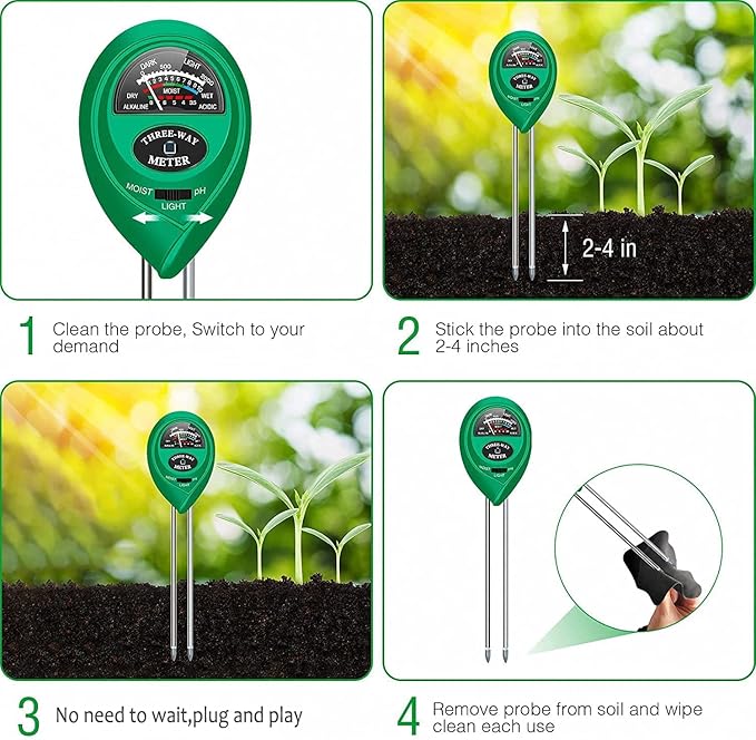 apine Soil Moisture Meter,3 in 1 Soil pH Tester,Soil Tester with Moisture,Light,and pH Test for Garden,Farm,Lawn,Indoor,Outdoor (No Battery Needed)