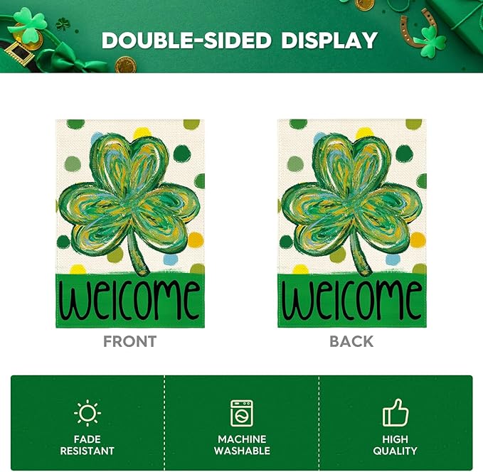 AVOIN colorlife St Patricks Day Garden Flag 12x18 Inch Double Sided Outside, Shamrock Clover Polka Dots Welcome Yard Outdoor Flag