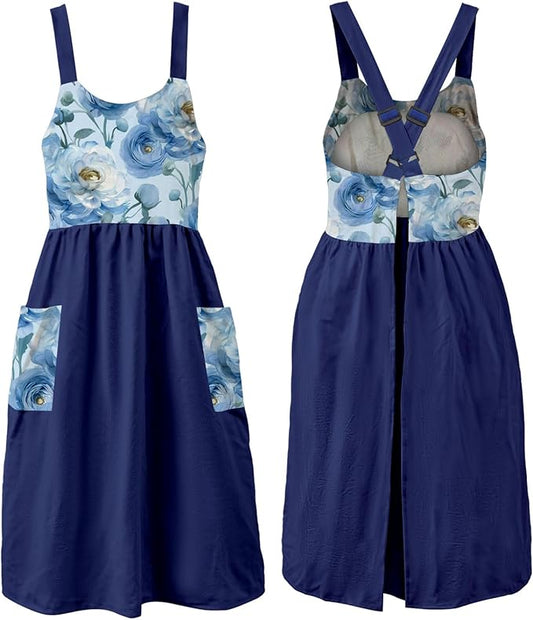 Uaussi Cotton Linen Apron Cross Back Work Apron for Women with Pockets Pinafore Dress X Cross Halter Apron for Chef Gardening
