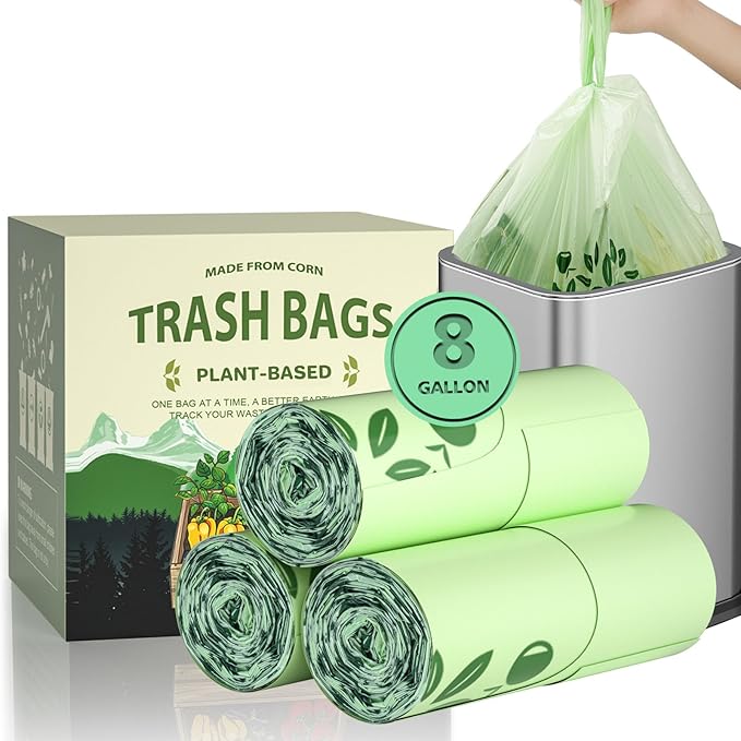 6-8 Gallon kitchen Trash Bags With Handle Tie 60 Packs, AYOTEE Medium TrashBags 8 Gallon Compost Bag 30L For Kitchen Trash Cans, Certified By ASTM D 6866 Unscented Bag for Compost Bin Green