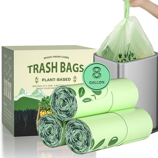 6-8 Gallon kitchen Trash Bags With Handle Tie 60 Packs, AYOTEE Medium TrashBags 8 Gallon Compost Bag 30L For Kitchen Trash Cans, Certified By ASTM D 6866 Unscented Bag for Compost Bin Green