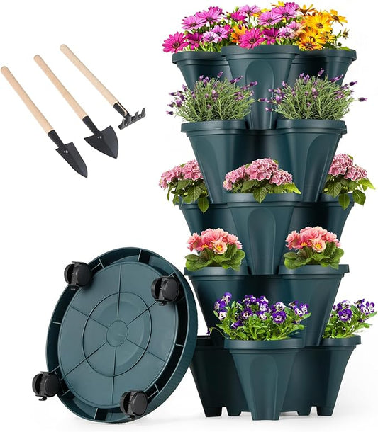 GameXcel Vertical Planter 5 Tier Stackable Planters Garden Planters Strawberry Herb Flower and Vegetable Planter Indoor Outdoor Gardening Pots with Removable Wheels and Tools