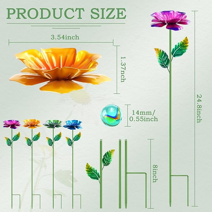 4 Pack Bee Watering Station, Metal Bee Feeder with Glass Marbles, Flower Design Bee Butterfly Watering Station Bee Waterer for Outdoor Garden Courtyard Decors