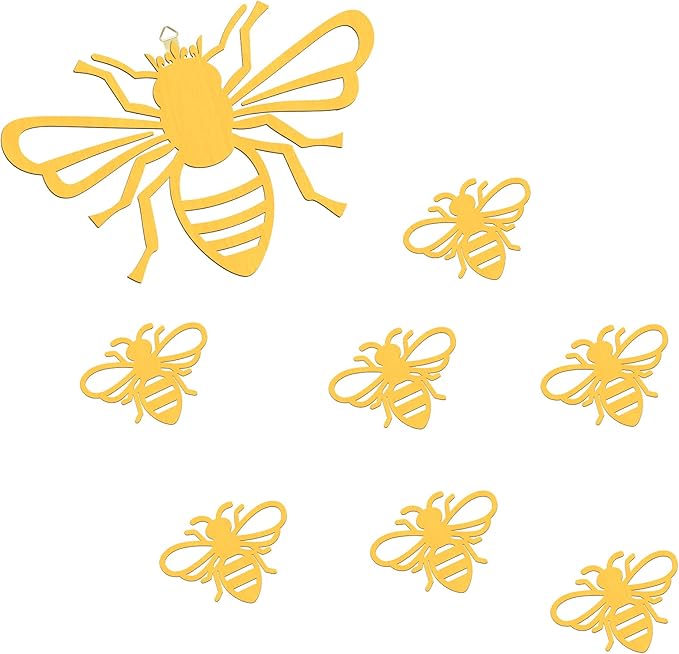 Yookeer 8 Pieces Wooden Bee Decor Wall Art Farmhouse Queen Bee Wall Sculpture Hanging Sign for Indoor Outdoor Garden Yard Lawn Decoration Spring Party Supplies(Gold)
