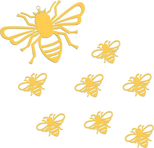 Yookeer 8 Pieces Wooden Bee Decor Wall Art Farmhouse Queen Bee Wall Sculpture Hanging Sign for Indoor Outdoor Garden Yard Lawn Decoration Spring Party Supplies(Gold)