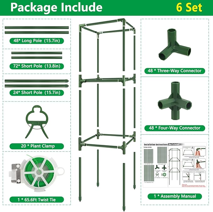 6 Pack Square Tomato Cages, 49.2" Large Upgraded Heavy Duty Steel Tomato Trellis Stakes, Garden Plant Support Cages Kit for Raised Garden Bed, Cucumber Trellis Vegetables and Climbing Plants