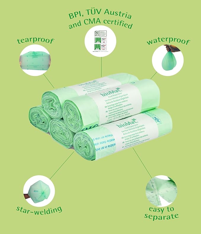 bioMat 35 Gallon Compostable Trash Bags, 30 Count, Biodegradable Kitchen Food Scrap Waste Bags, BPI ASTM D6400 and CMA Certified, Tall Kitchen Compost bags for Food Waste