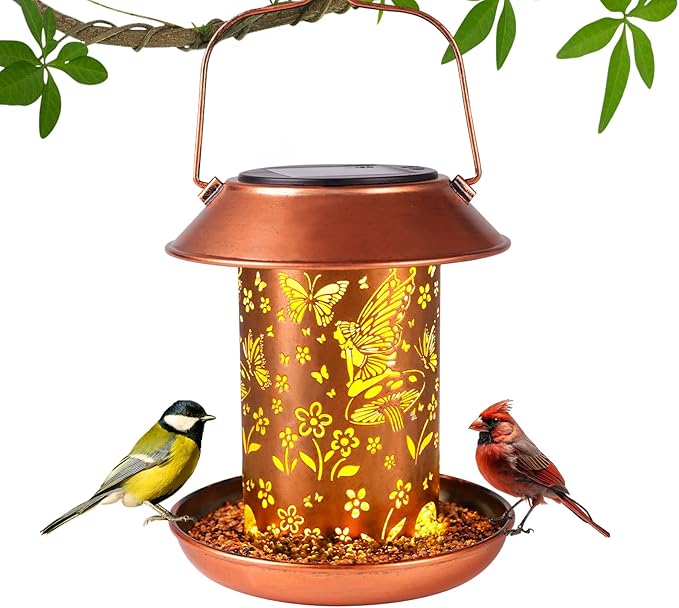 Bird Feeders for Outdoors Hanging Metal Butterfly Solar Bird Feeder Waterproof Solar Lantern Decor Garden Gifts for Women Mom Friends Birds Lovers Decoration for Yard,Patio,Lawn,Christmas