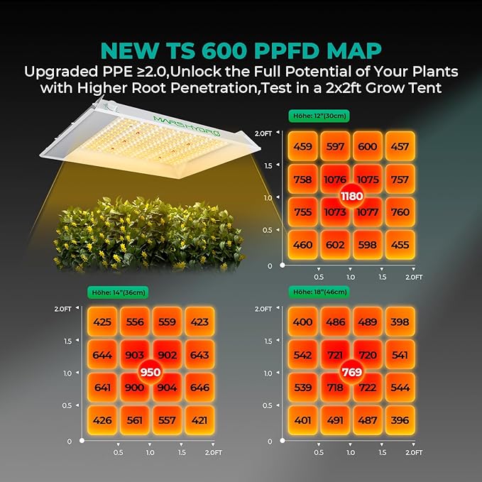 MARS HYDRO TS600 100W LED Grow Light for Beginners, New Diodes Layout Full Spectrum Growing Lamps for Indoor Plants Hydroponic Seed Starting Vegetables Bloom in 2x2 Grow Tent