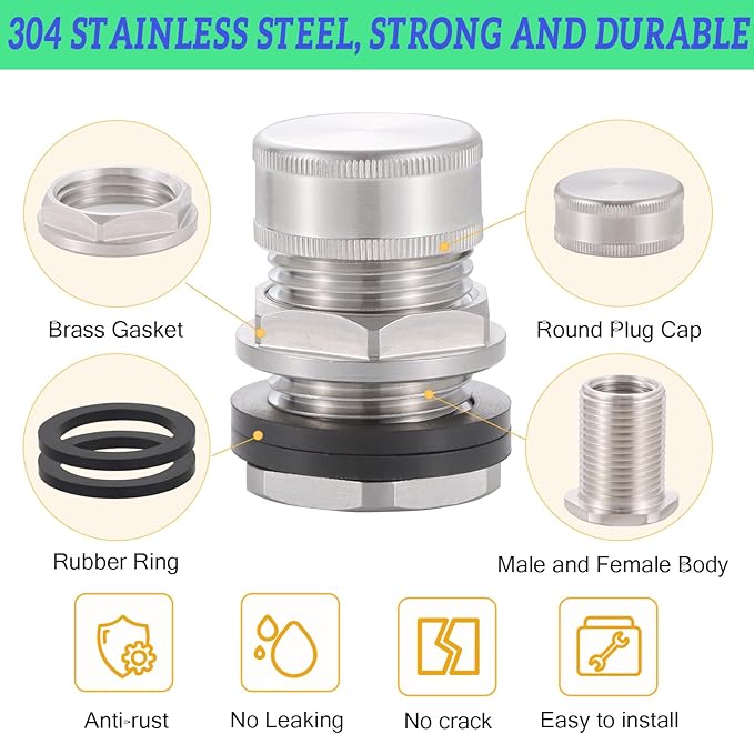 Bulkhead Fitting With Plugs（304 Stainless steel），lead-free, 1/2" Female NPT, 3/4" Male GHT (garden Hose Thread), for Rain Barrels, Aquariums, Water Tanks, Tubs, Pools, Spigot, Sinks，2 Pack…
