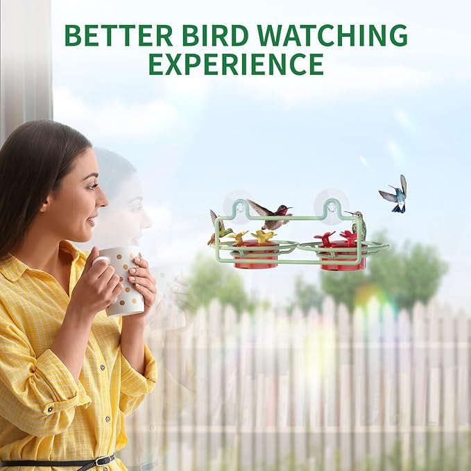 Window Hummingbird Feeder, Small Hummingbird Feeder for Outdoors with Strong Suction Cup - Metal Base & 6 Feeding Ports, Easy to Clean and Refill