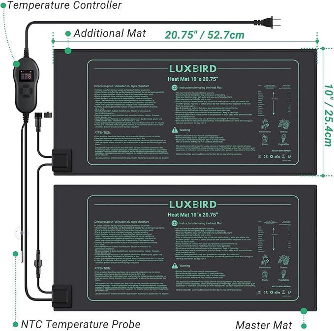 LUXBIRD 6 Pack 30W Seedling Heating Mats 10" x 20.75" with Thermostat Controller, Idea for Seed Starting, Germination, Greenhouse (LB-HT06)