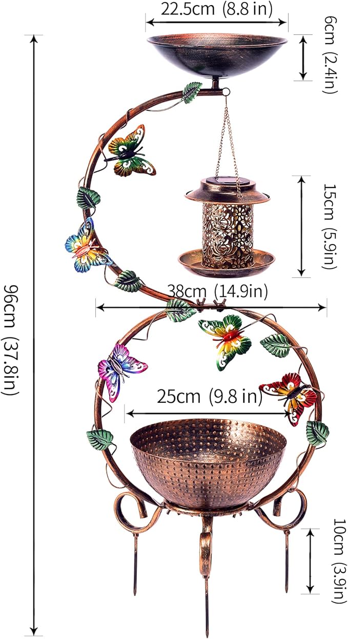 37.8" Bird Bath and Solar Bird Feeders Combo with Flower Planter Pedestal, Metal Bird Baths for Outdoors, Decorative Birdbath with Butterfly for Outside Garden Yard, Weather Resistant