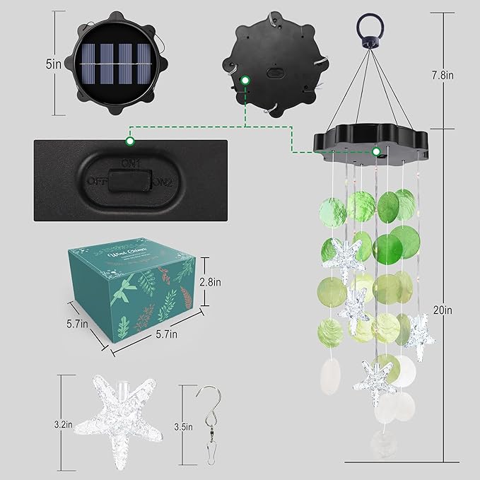 Solar Shell Gift for Mom Grandma Girls, White & Green Solar Christmas Wind Chimes for Outside, Outdoor Decorative Mobile Lights for Garden, Yard, Patio, Window, Party, Christmas Decorations