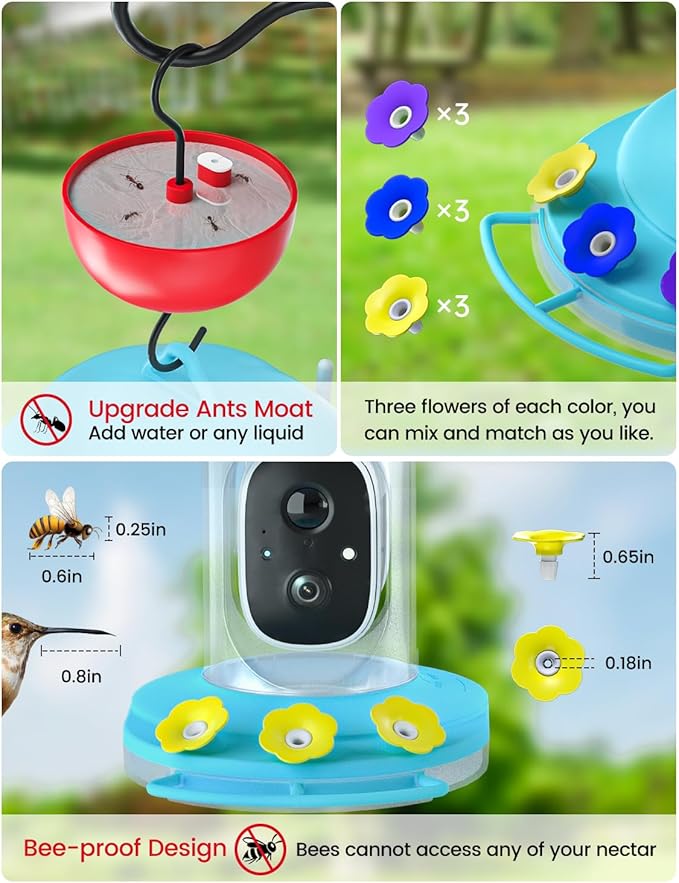 Hummingbird Feeder with Camera Solar Powered, Hummingbird Feeders for Outdoors with 2K Bird Watching Camera, AI Identify Bird Species, Instant Notification, Idea Gift for Bi rd Lover, Blue
