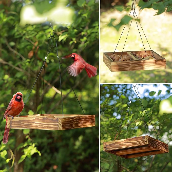MIXXIDEA Bird Feeder Hanging Tray, Wooden Platform Hummingbird Feeder Mesh Seed Platform for Garden Yard Outside Decoration Attracting Wild Birds (Brown)