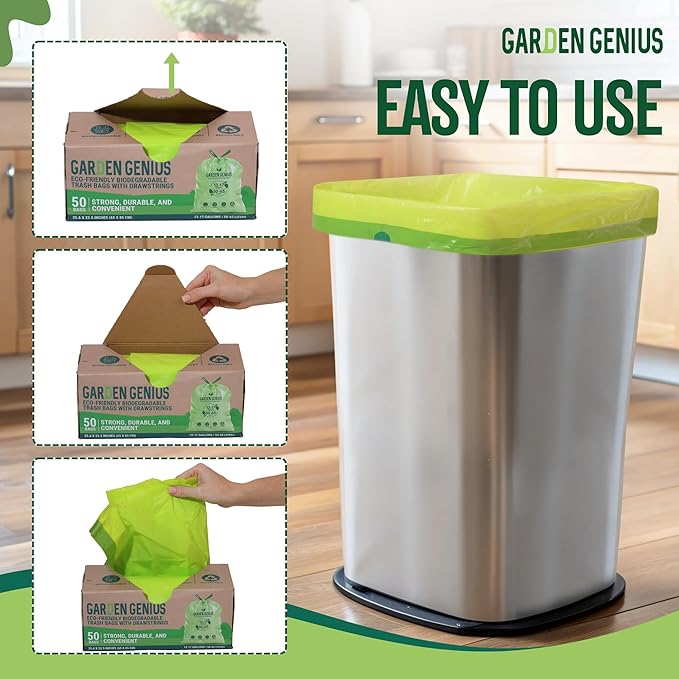 Biodegradable 13-17 Gallon Code-Q Trash Bags (50 Pack) | Strong Heavy-Duty Tall Green Kitchen Bags w/Drawstring | Fits Simplehuman & Standard Cans | Eco-Friendly D2W, 30 Micron Thick | 25.6" x 33.5"