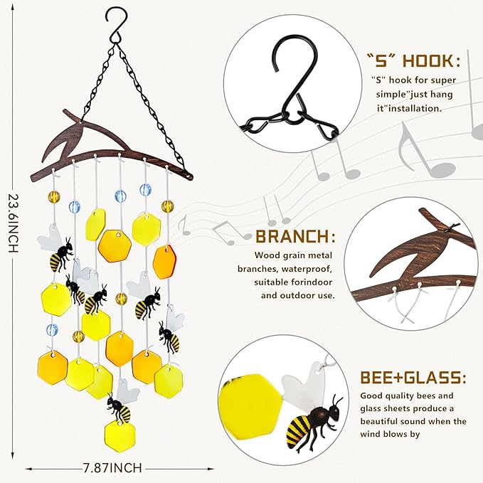X-PREK 23" Bees Wind Chimes for Outside, Unique Stained Glass Wind Chimes Garden Decor, Windchimes Outdoors Suncatcher Gift for Women, Mom, Grandma, Unisex