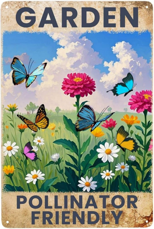 Garden Signs Pollinator Friendly Metal Tin Signs Flowers Signs 8x12 Inch Outdoor Wall Decor