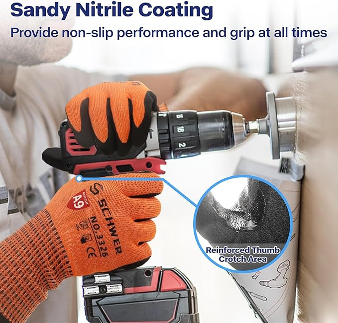 Schwer ProGuard High Level Cut Resistant Work Gloves PR3326 for Extreme Protection, ANSI A9 Cut Gloves with Reinforced Thumb, Non Slip, Breathable, Durable, Touch-screen, Orange 1 Pair（M）