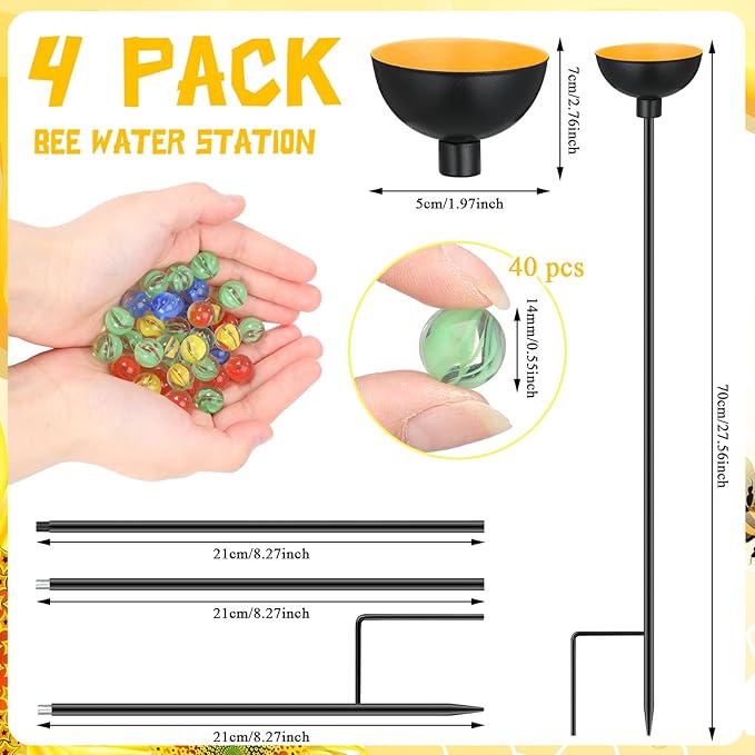 4 Pcs Bee Watering Station Butterfly Water Catcher Cups Small Insects Bee Feeders for Outside Feeding and Watering Metal Garden Stakes Garden Sculpture Decor