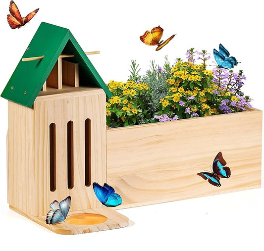 Wooden Butterfly House for Garden, Butterfly House and Feeder with Flower Pot, Natural Butterflies Habitat Butterfly Shelter Hotel for Butterflies, Bees, Ladybug