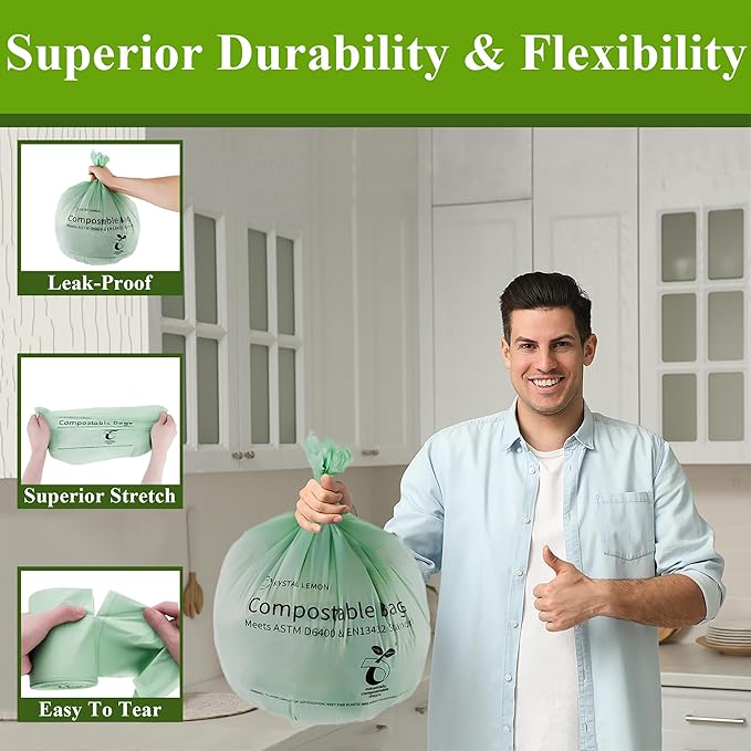 C Crystal Lemon 50 Count Biodegradable Kitchen Food Waste Bags - 6 Gallon Scraps Bags - Heavy Duty Compostable Waste Bags for Kitchen - Unscented Trash Bags 6 Gallon for Yard, Food (Pack of 2)