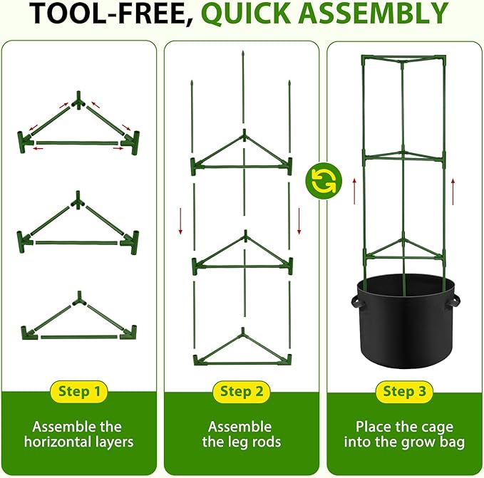 Suntee 3 Pack Tomato Cage with 10 Gallon Grow Bags, 48 Inch Tomato Cages for Garden Patio Balcony, Adjustable Height Tomatoes Plant Support for Climbing Vegetables Plants Flowers