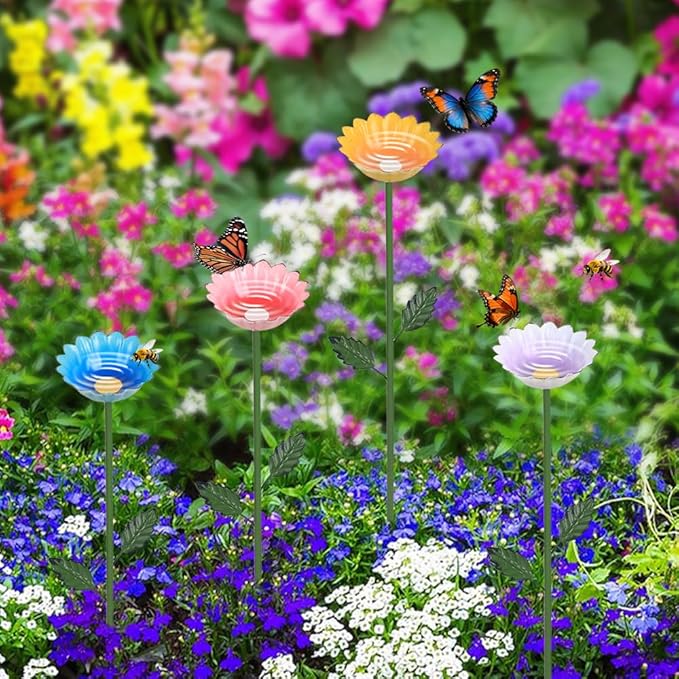 hogardeck Garden Decor for Outside, 4 Pcs 25.8" Metal Bee Watering Station, Flower Design with Stakes, Butterfly Feeder Bird Bath for Outside Yard Patio Lawn (Blue, Yellow, Pink, White)