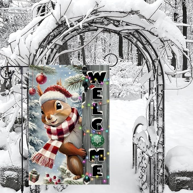 Christmas Garden Flag 12x18inch The Nut Squirrel Welcome XMAS winter Garden Flags Yard Porch House Flag Double-Side For Home Outdoor Yard Patio Lawn Decor,Happy New Year merry Christmas banners for outside Decorations (RMQ-85, 12"X18")