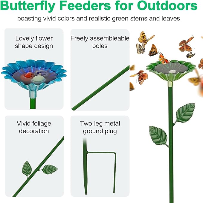 4 Pack Metal Bee Watering Station for Garden, Flower-Shaped Bee Cups, Durable Pollinator Hydration Bath & Butterfly Feeders for Outdoors Yard Decor (Red, Green, Blue, Yellow)