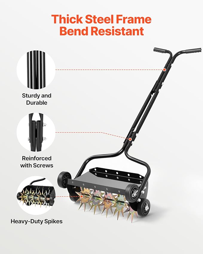 VEVOR Lawn Aerator, 18 in Manual Push Spike Aerator with 4 Wheels & Handle, Heavy Duty Grass Aerators, Supports 40 lbs Added Weight, Rolling Lawn Aeration Tool for Garden Yard Aeration Soil Health