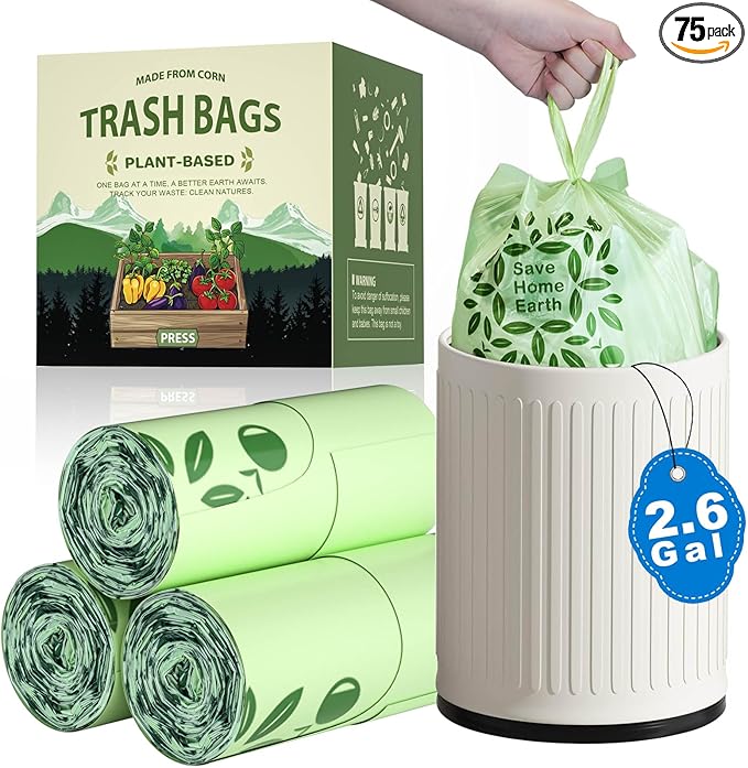 AYOTEE 2.6 Gallon Compost Bags with Handle Tie, 75 Count Small Biodegradable TrashBags 2.6 Gallon Trash Bag, Certified By ASTM Standard Mini Compost Kitchen Food Scrap Waste Bags for Compost Bin Green