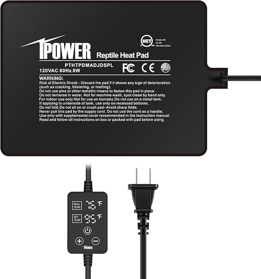 iPower 6 by 8 Inch 8W Reptile Heating Pad with Adjustable Thermostat, Under Tank Warmer Terrarium Heat Mat for Turtles/Snakes/Lizards/Frogs, and Other Reptiles