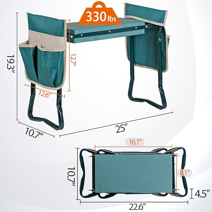 Smartxchoices 8" Wide Garden Kneeler Seat, Folding Garden Bench Stool with Two Tool Multi-use Pouches, Heavy Duty Yard Gardening Chair with Soft Kneeling Pad, Green