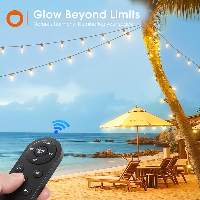 addlon 102FT(96+6) Solar String Lights Outdoor Waterproof with USB Charging & Remote Control - Dimmable Solar Power Patio Lights with LED Bulbs for Porch, Garden, Yard, Market, Bistro - Lasts 20+ Hrs